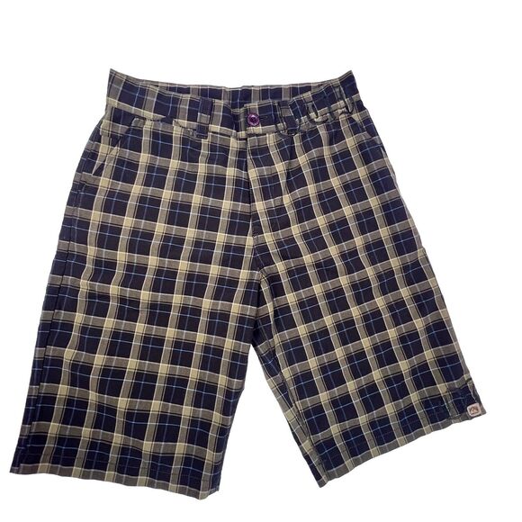 Y2K Quiksilver Brown Plaid Bermuda Shorts, Skate Embroidered Men's Size 32 - Picture 1 of 14
